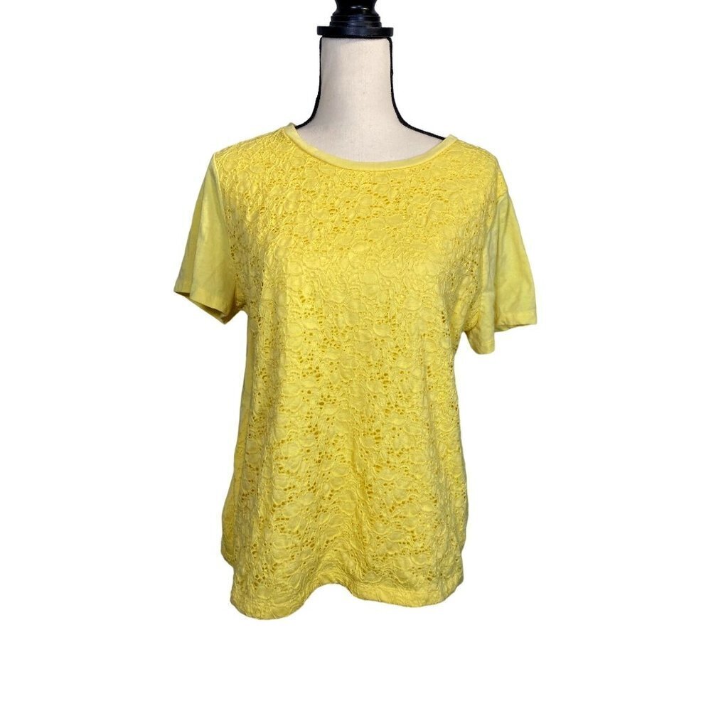 Basic Editions Green yellowFloral Lace Front Crew Neck Short‎ Sleeve Top Size XL
